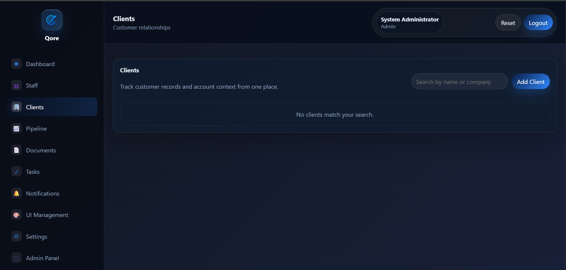 Qore CRM clients management screenshot