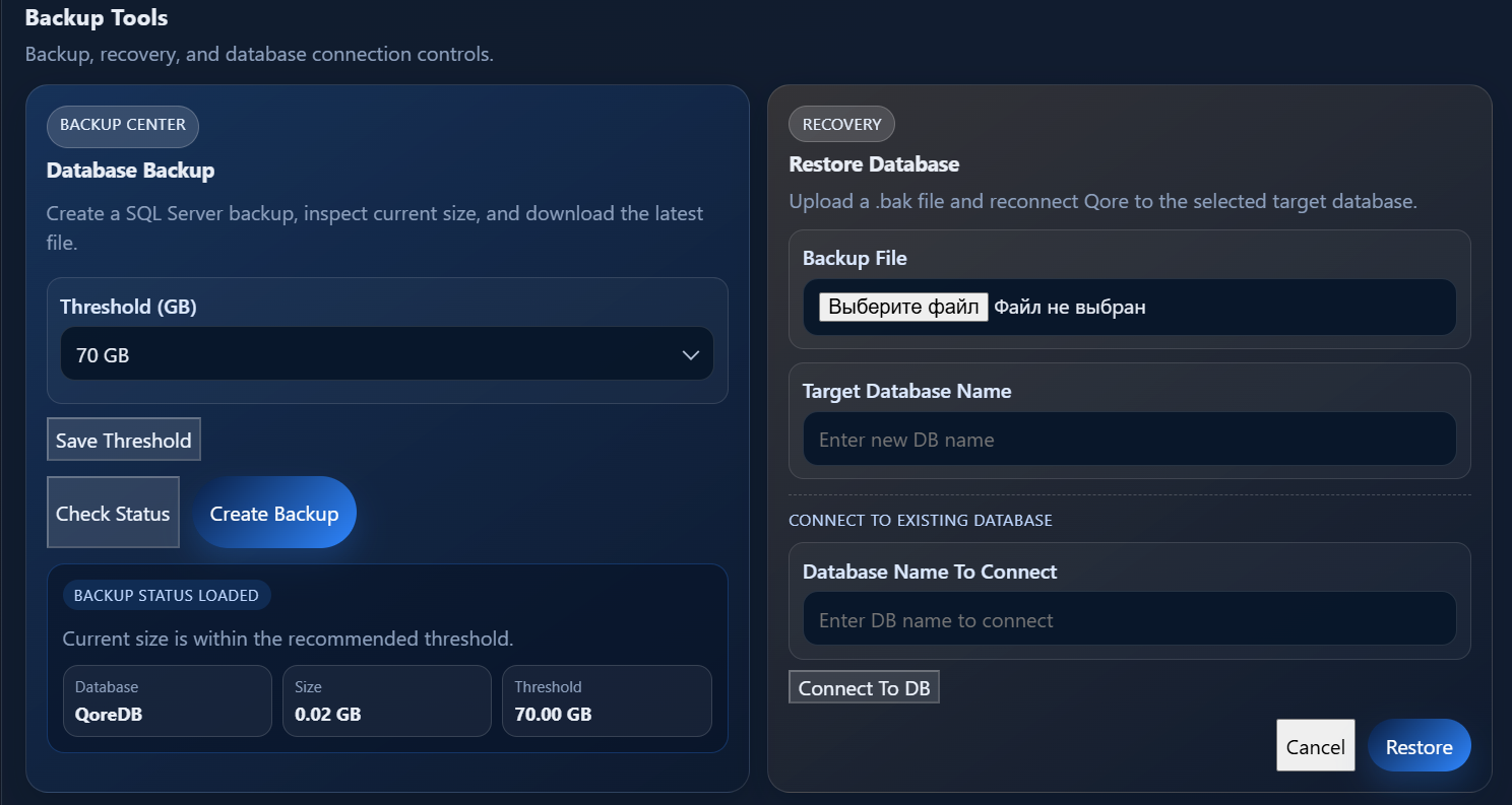 Qore CRM database backup screenshot