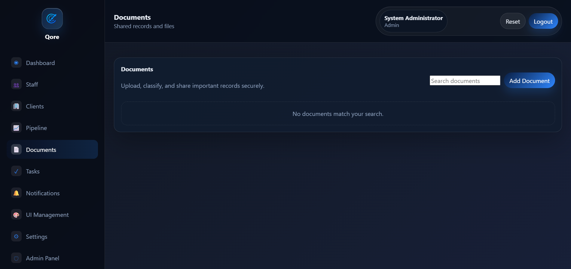 Qore CRM documents section screenshot