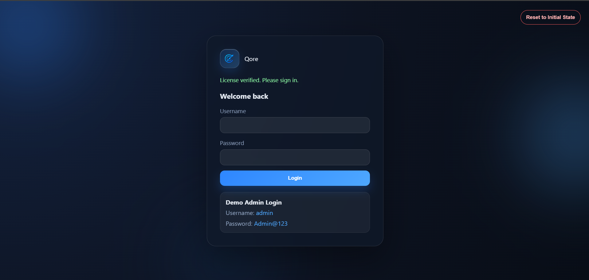 Qore CRM login screen screenshot