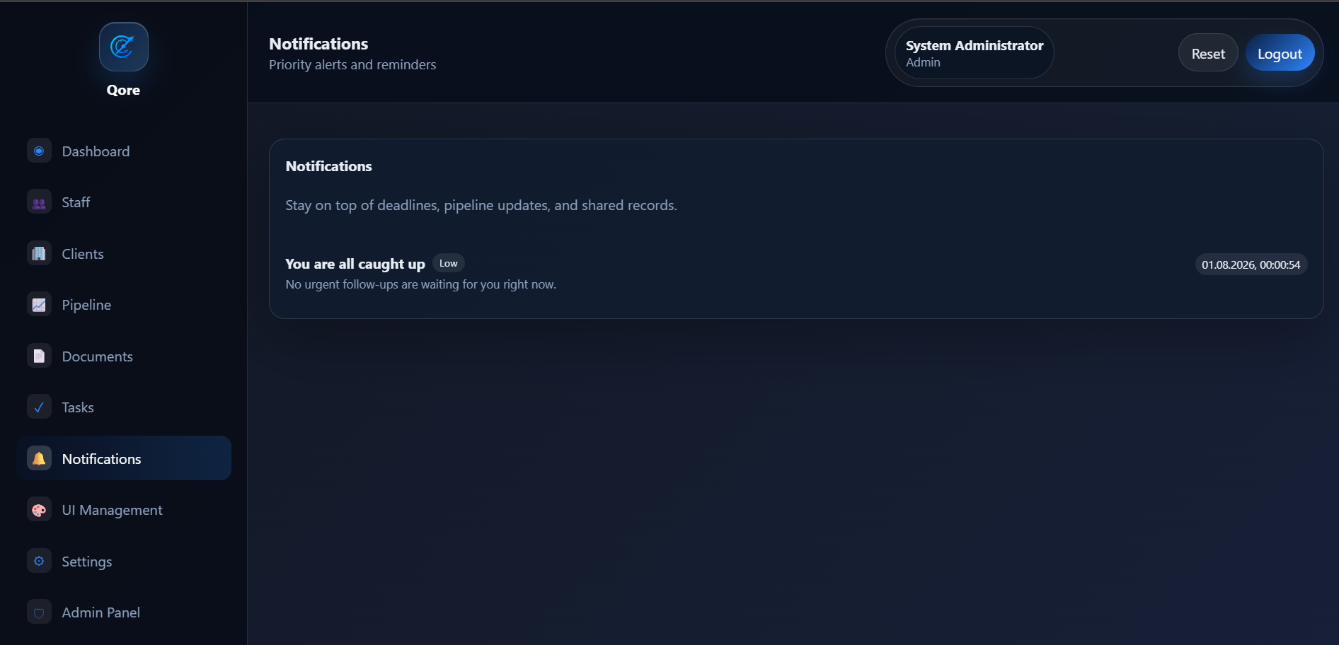 Qore CRM notifications screenshot