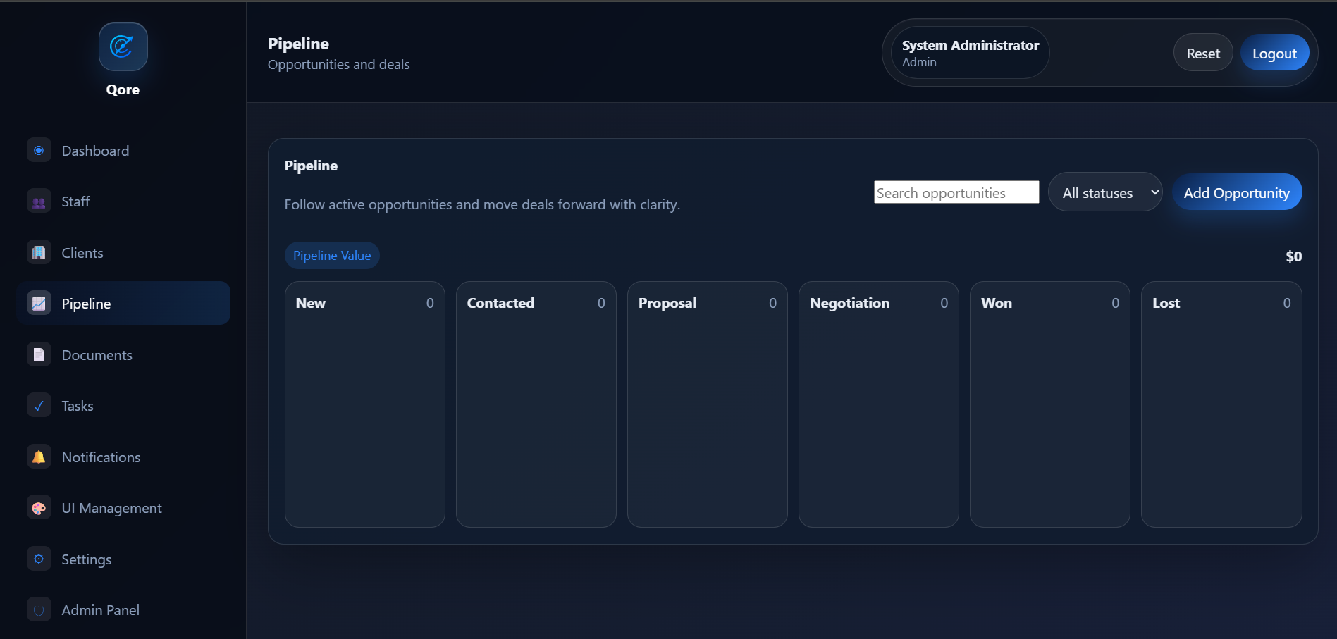 Qore CRM sales pipeline screenshot