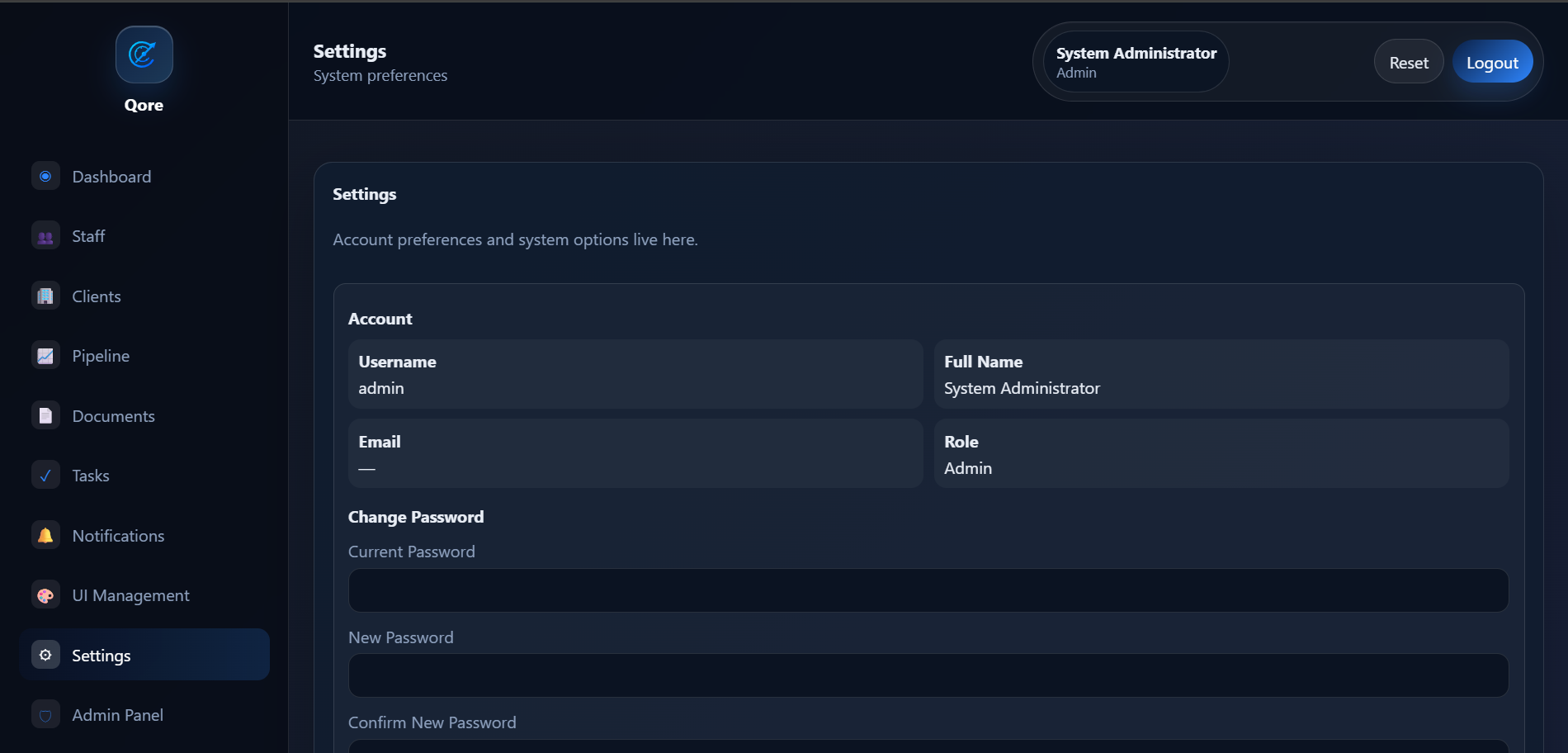 Qore CRM settings screenshot