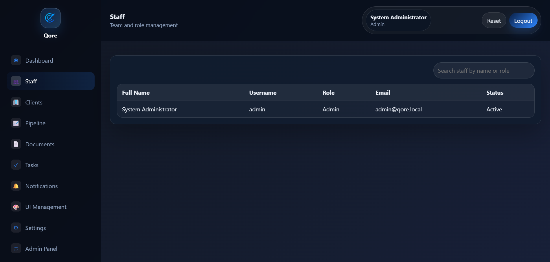 Qore CRM staff management screenshot