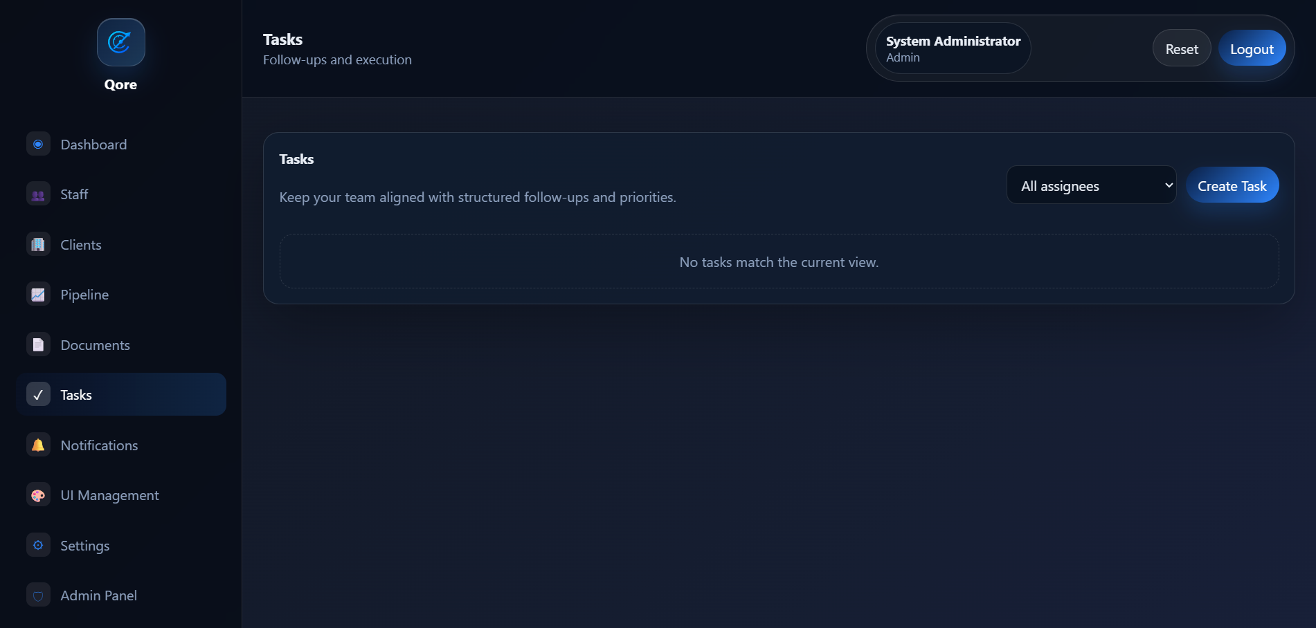 Qore CRM task management screenshot