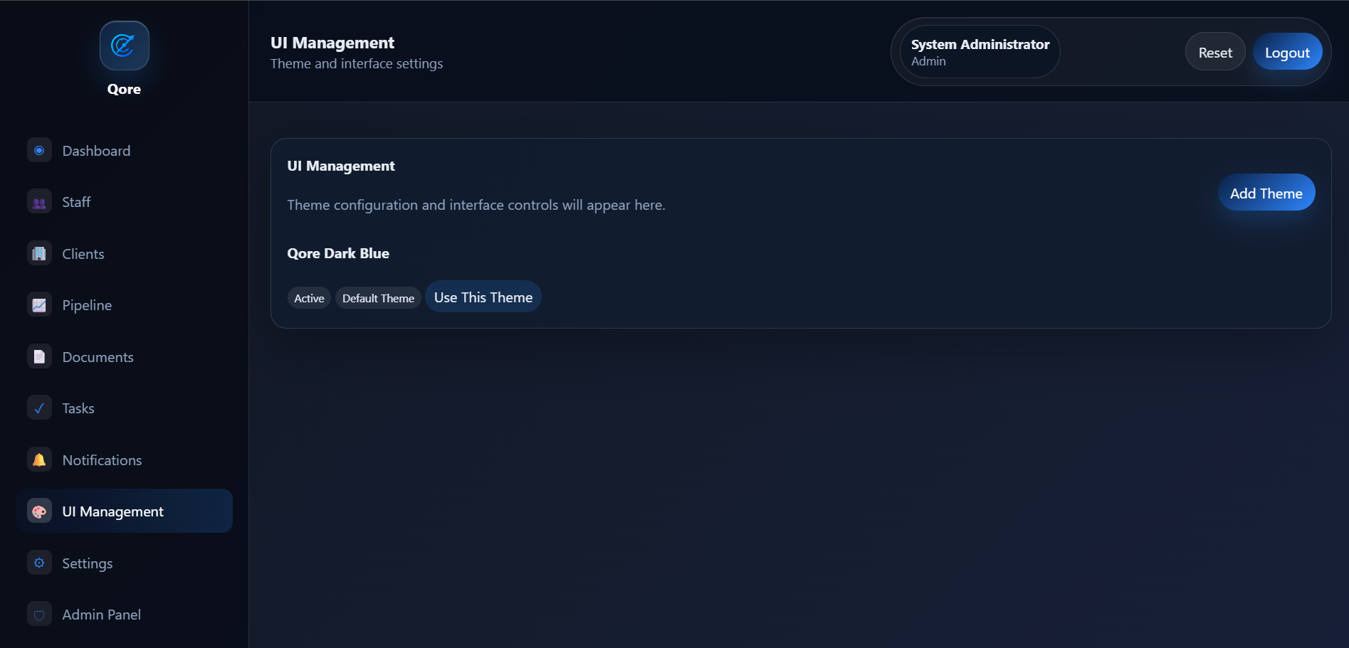 Qore CRM UI management screenshot